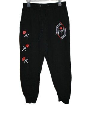 Empyre Fleece Lined Sweatpants Joggers Women's Size Medium M Black W/ Red Rose